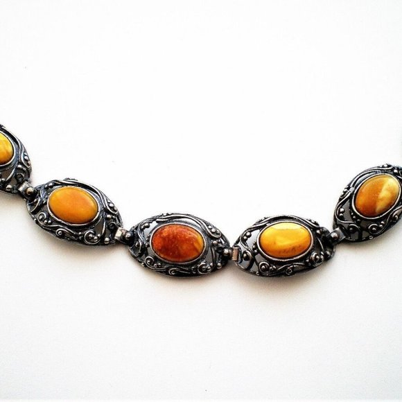 Sterling Silver Russian Baltic Butterscotch Egg Yolk Amber Filigree Bracelet